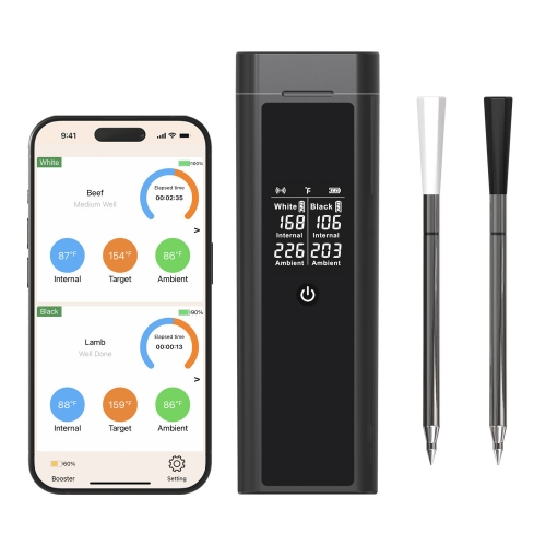 DT-129 Dual Probe Wireless Meat Thermometer Bluetooth 5.3 820ft Range IP67 Probes 48H Battery Ceramic+304 Probe Magnet Base