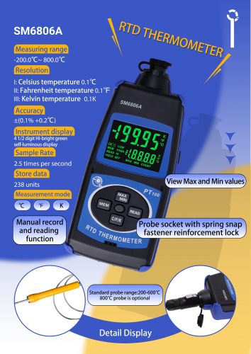 Portable Digital Thermometer with RTD PT100 Probe High Precise Temperature Measurement SM6806A From -200~600 Celsius Degree