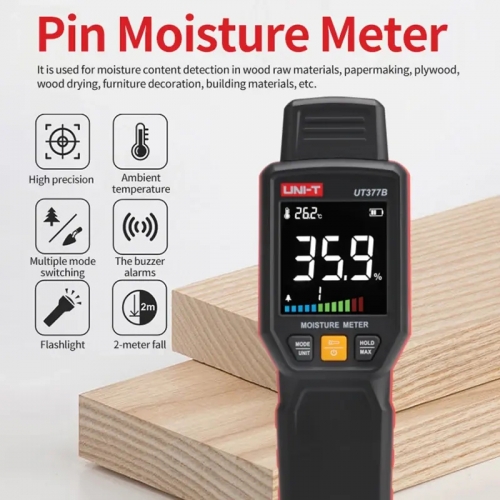 UT377B High Accuracy Pin Moisture Meter Wood Humidity Tester Building Materials Measurement Timber Damp Detector LED