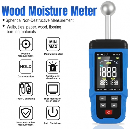 SK-7305 0~52% Industrial Digital Pinless Moisture Meter for Wood and Drywall Non-Destructive Detection with Alarm 20-40mm Depth