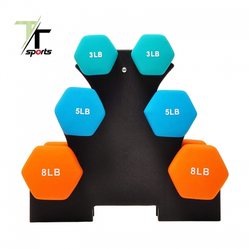 Colored Neoprene Hex Dumbbell Set with Rack Stand 7 in 1