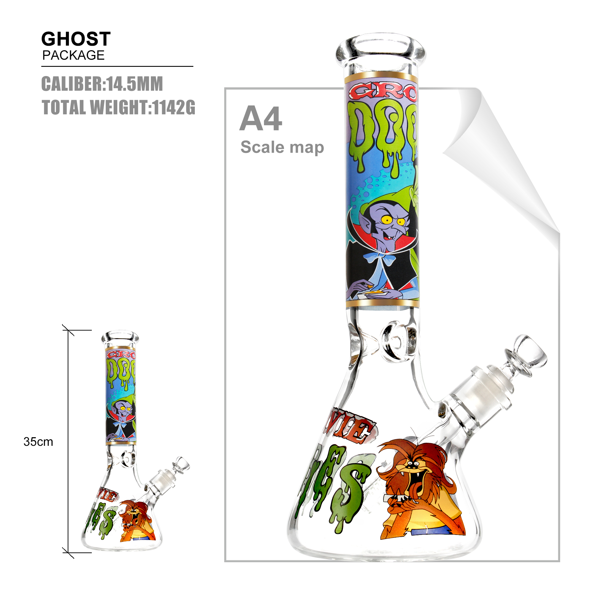 green goast decaled glass water bong