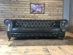 JHS Chestfield Antique Ebony Leather Sofa