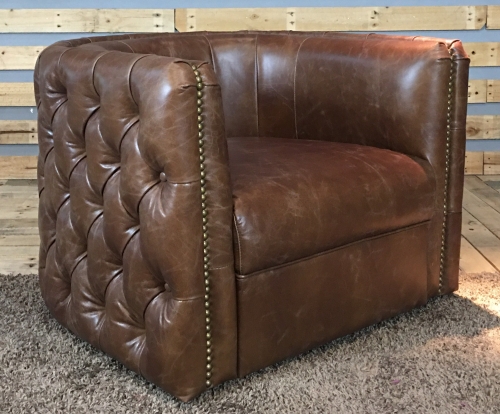 JHS Chestfield Mexico Brown Leather Swivel Chair
