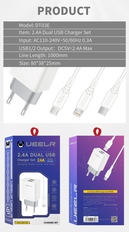 DT03-E 2.4A Smart Security Charger Dual USB Charging