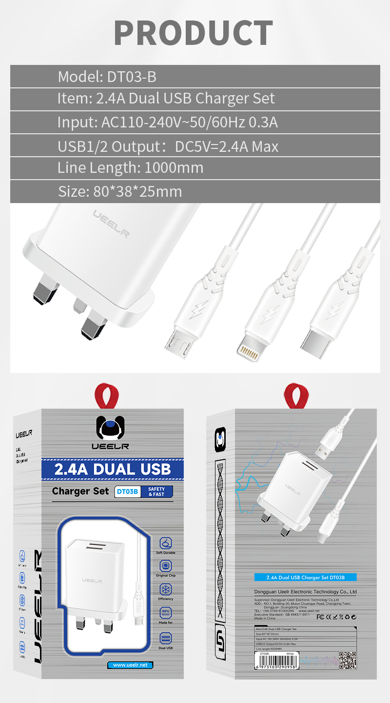 DT103-B 2.4A Smart Security Charger Dual USB Charging