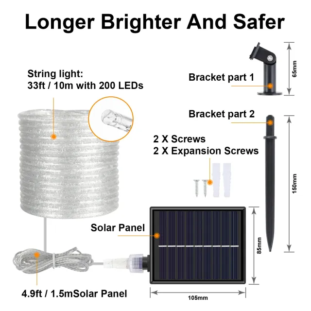 33ft LED Solar Rope Lights Cool White