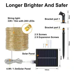 33ft Warm White LED Solar Rope Lights