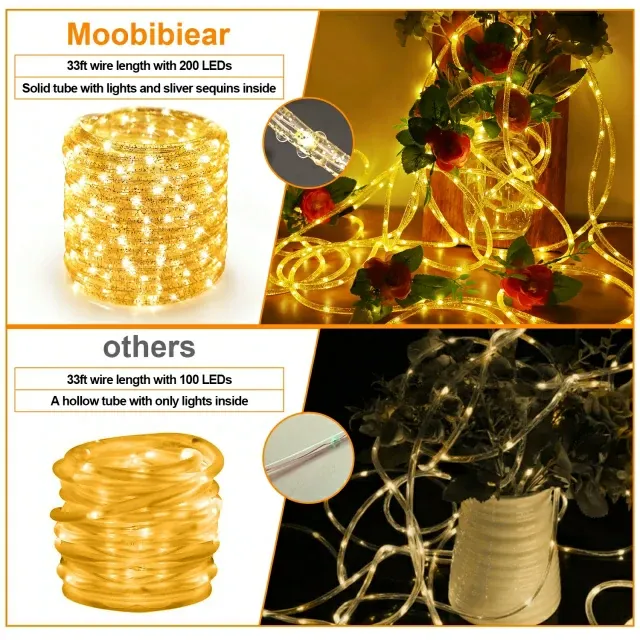 33ft Warm White LED Solar Rope Lights