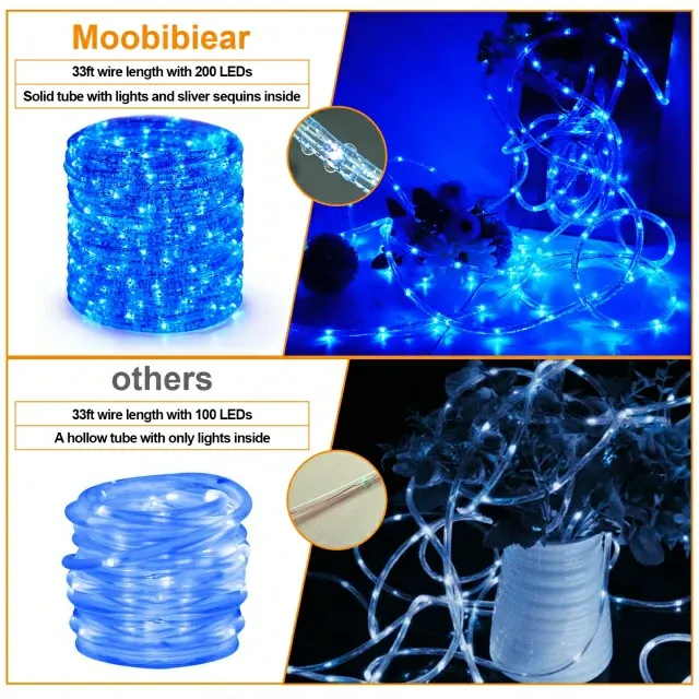 33ft  Blue LED Solar Rope Lights