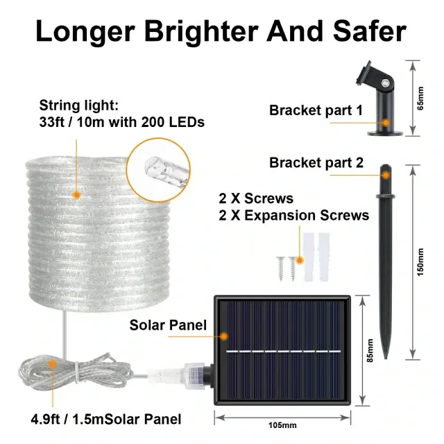 LED Solar Rope Lights, Multi Colored, 8 Modes, 33ft