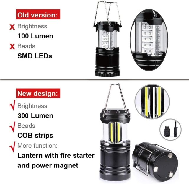 LED Camping Lantern Light - Moobibear 300lm COB Technology Battery Powered Portable Lantern with Fire Starter, Magnetic Base Camping Gear