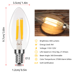 Soft White Smart 4W C35 Chandeliers LED Light Filament Bulb For Hotel Lighting