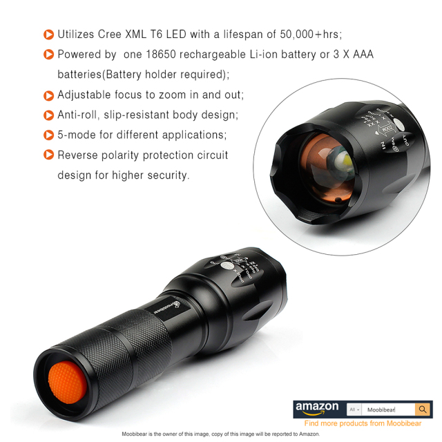 800lm LED Zoomable Flashlights with Adjustable Focus and 5 Light Modes, 2 Pack