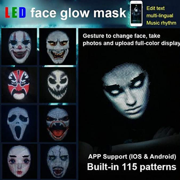 Programmable Bluetooth LED Light Up Face Mask for Costumes Cosplay Masquerade Party