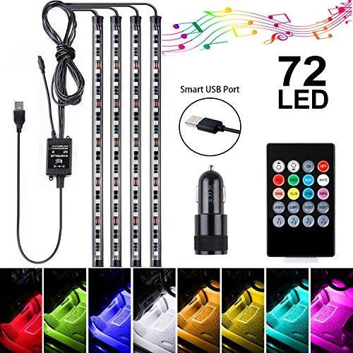 Car Interior Lights 72 LEDs, 4x LED Strip Including Car Cigarette Charger