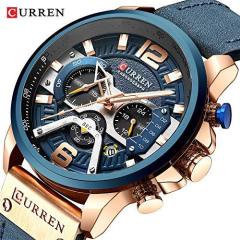 New Fashion Mens Watch Leather Luxury Brand Sports and Leisure Quartz Chronograph Waterproof Watch (Rose Gold Blue)