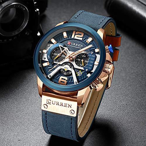 New Fashion Mens Watch Leather Luxury Brand Sports and Leisure Quartz Chronograph Waterproof Watch (Rose Gold Blue)