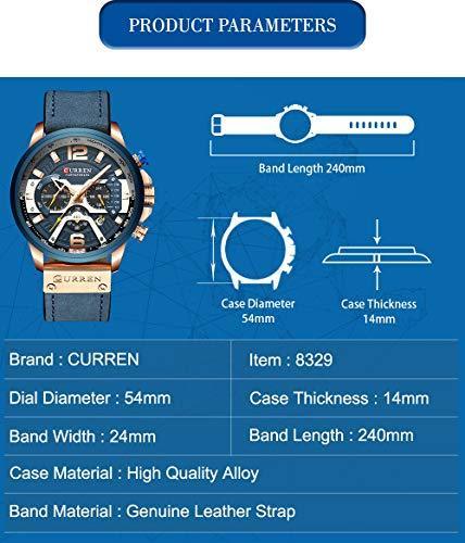 New Fashion Mens Watch Leather Luxury Brand Sports and Leisure Quartz Chronograph Waterproof Watch (Rose Gold Blue)