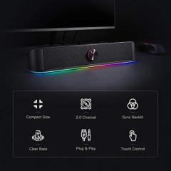 RGB Desktop Soundbar, 2.0 Channel Computer Speaker with Dynamic Lighting Bar Audio-Light Sync/Display, Touch-Control Backlit with Volume Knob, USB Powered w/ 3.5mm Cable