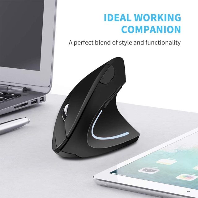 Wireless Ergonomic Mouse, Rechargeable 2.4G Vertical Optical Mice,800 / 1200 /1600 DPI with 6 Buttons for Laptop,Desktop,PC, MacBook - Black