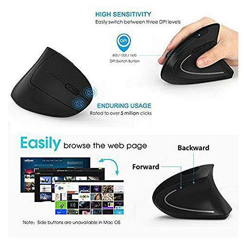 Wireless Ergonomic Mouse, Rechargeable 2.4G Vertical Optical Mice,800 / 1200 /1600 DPI with 6 Buttons for Laptop,Desktop,PC, MacBook - Black