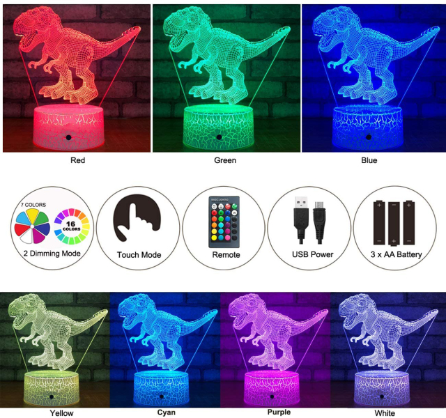 Dinosaur Toys 3D Night Light with Remote & Smart Touch 7 Colors + 16 Colors