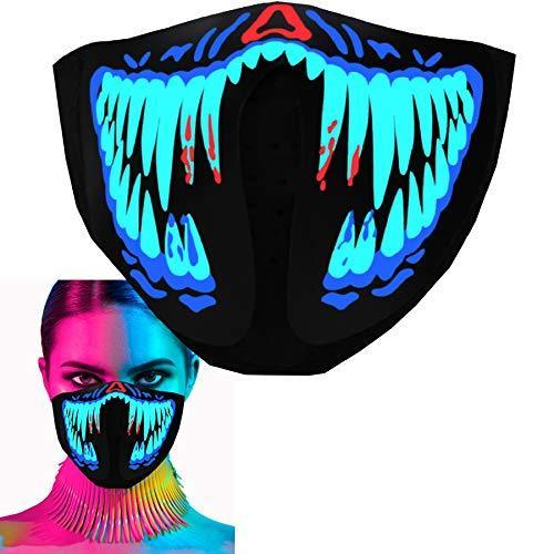 LED Rave Mask Light Up Glow Face Mask Sound Activated for Music Festival Party EDM Halloween (Blue Teeth)