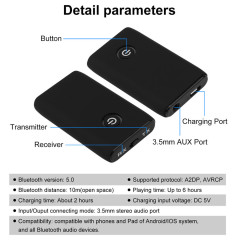 Bluetooth 5.0 Transmitter Receiver, 2 in 1 Bluetooth Adapter 3.5mm Jack Mini Portable Noise Reduction Bluetooth Transmitter for PC/TV/Car Sound System/Wired Speakers