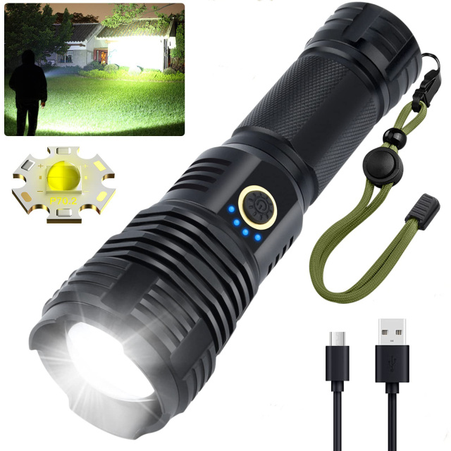 LED Flashlights Rechargeable High Lumens, 90000 Lumens Super Bright Tactical Flashlights, Xhp70.2 Zoomable Waterproof Flash Light 5 Modes for Camping, Hiking, Outdoor, Emergency (with 26650 Battery)