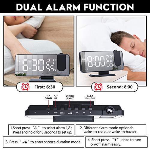 Projection Alarm Clock for Bedroom Ceiling Digital Alarm Clock Radio with USB Charger Ports, LED Screen Alarm Clock, 4 Dimmer, Dual Alarm Clock with 2 Sounds,  Black