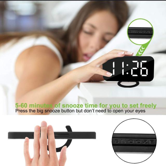 Digital Clock Large Display, LED Alarm Electric Clocks Mirror Surface for Makeup with Diming Mode-Black