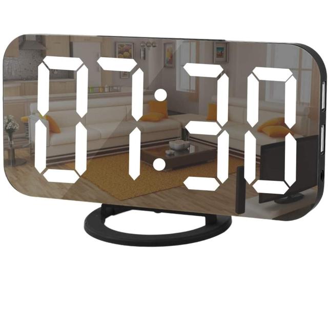 Digital Clock Large Display, LED Alarm Electric Clocks Mirror Surface for Makeup with Diming Mode-Black