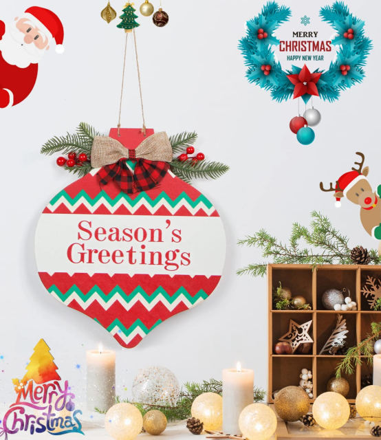 Christmas Drop Shape Welcome Wreath Front Door Decoration with Double-Sided Design, Buffalo Check Plaid Wreath Christmas Decoration