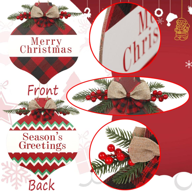Christmas Drop Shape Welcome Wreath Front Door Decoration with Double-Sided Design, Buffalo Check Plaid Wreath Christmas Decoration