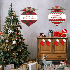 Christmas Drop Shape Welcome Wreath Front Door Decoration with Double-Sided Design, Buffalo Check Plaid Wreath Christmas Decoration