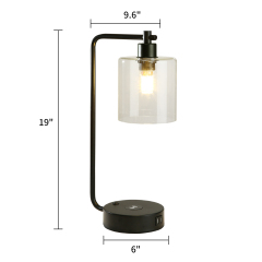 Cedar Hill 19 In. Industrial Table Lamp with Wireless Charging, 2 Built-in USB Ports, Bedside Lamp with Hanging Sealed Glass Shade for Office Bedroom Living Room (Bulb Not Included)