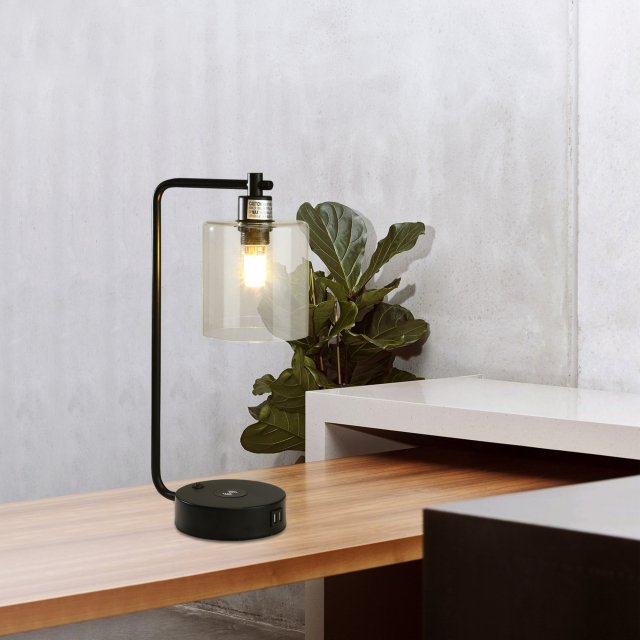 Cedar Hill 19 In. Industrial Table Lamp with Wireless Charging, 2 Built-in USB Ports, Bedside Lamp with Hanging Sealed Glass Shade for Office Bedroom Living Room (Bulb Not Included)