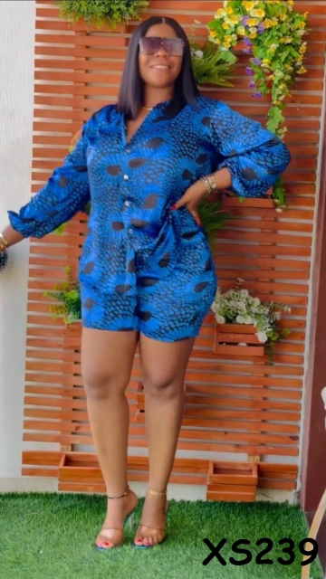 XS239- 2022 African women's print shirt and shorts casual two piece set