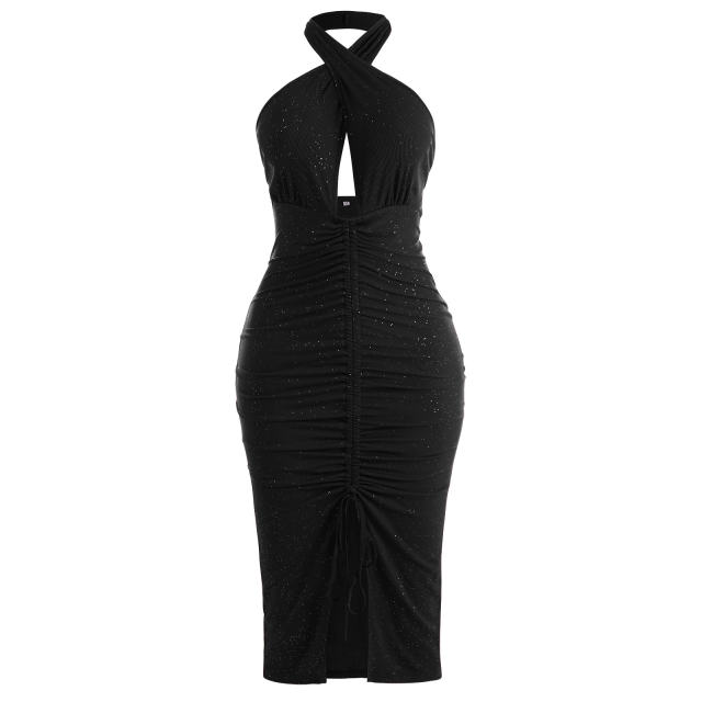2022 New Fashion Romantic Summer Sexy Bodycon Slit Slim Mid Length Pleated Dress Women Solid Sleeveless Backless Casual Dresses