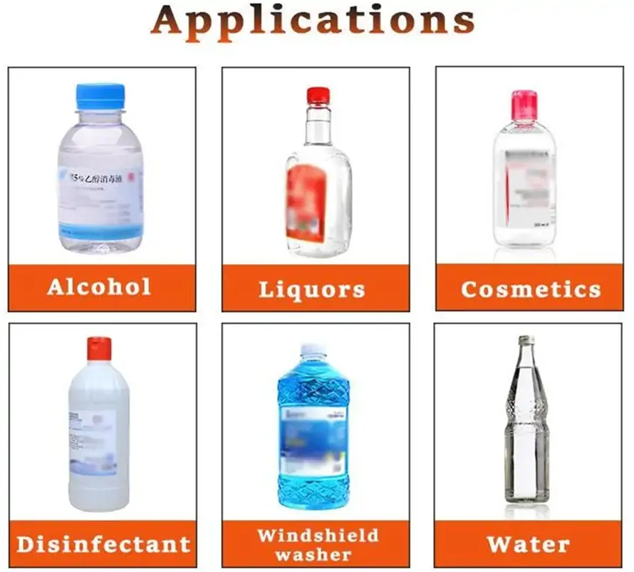 Wide applications of Rifu filling machine including alcohol, liquors, cosmetics, disinfectant, windshield washer fluid, and water in various bottle types.