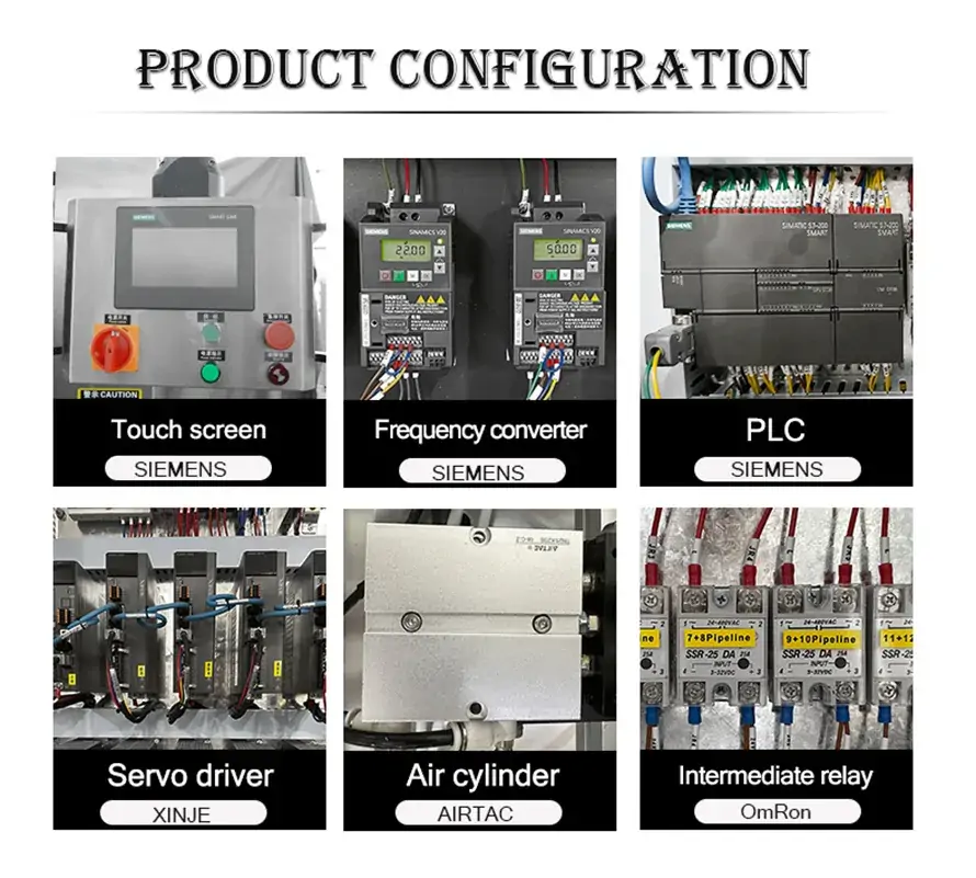 High-end product configuration of Rifu filling machine featuring SIEMENS touch screen, PLC, and frequency converter, XINJE servo driver, AIRTAC air cylinder, and OmRon intermediate relay