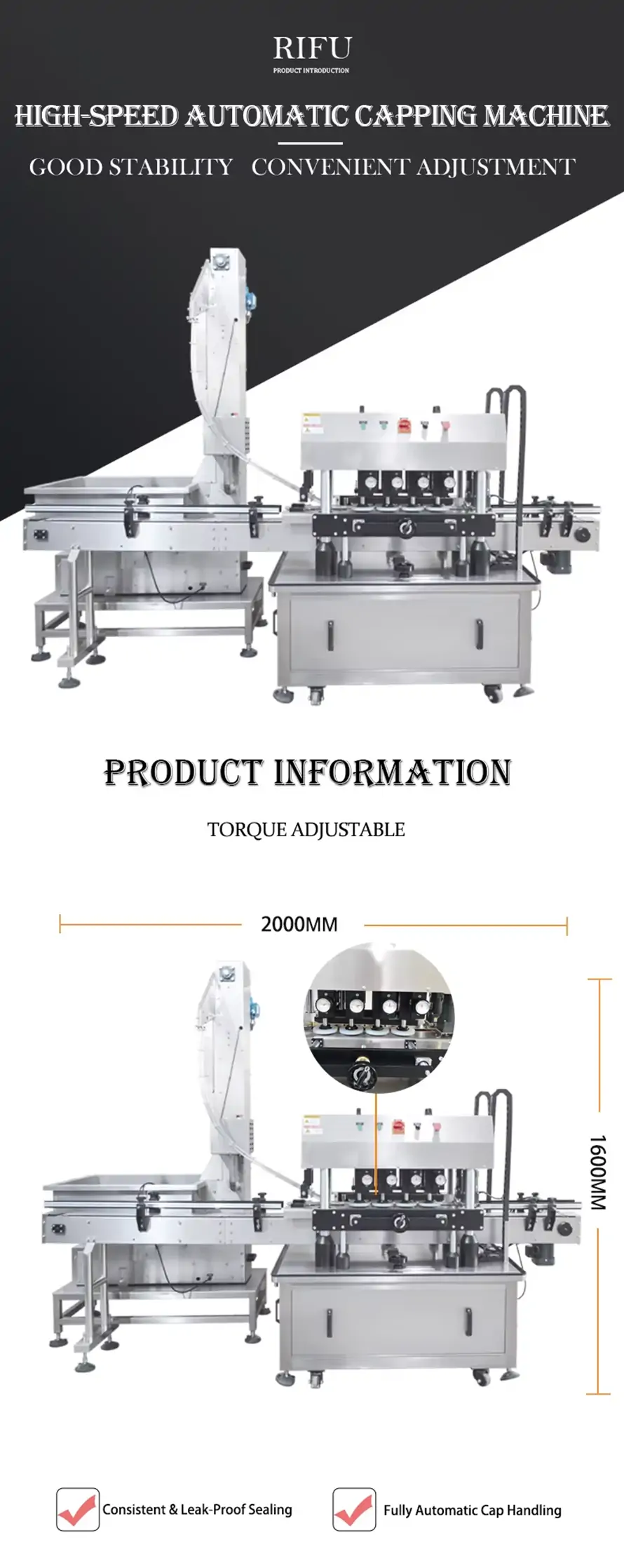 High-speed automatic capping machine with torque adjustable system, featuring consistent leak-proof sealing and fully automatic cap handling.