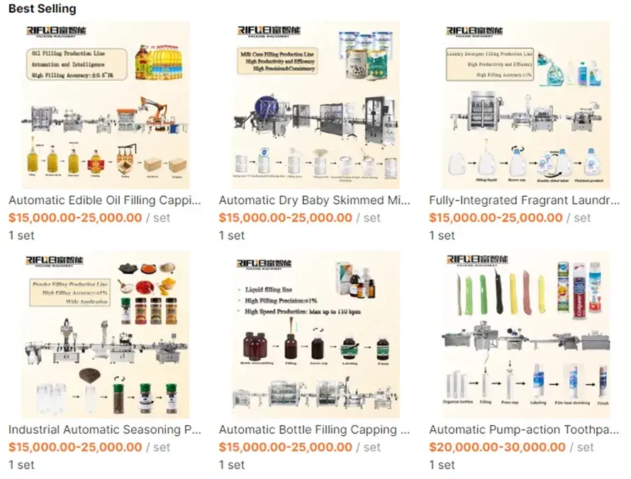 Best selling automatic production lines for edible oil, milk powder, laundry detergent, seasoning, liquid, and toothpaste filling and packaging.
