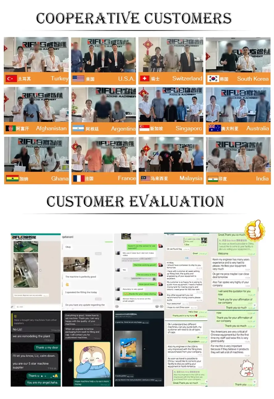 Global cooperative customers of Rifu Machine from USA, Switzerland, Australia, and more, featuring positive customer evaluations and feedback for our packaging equipment.