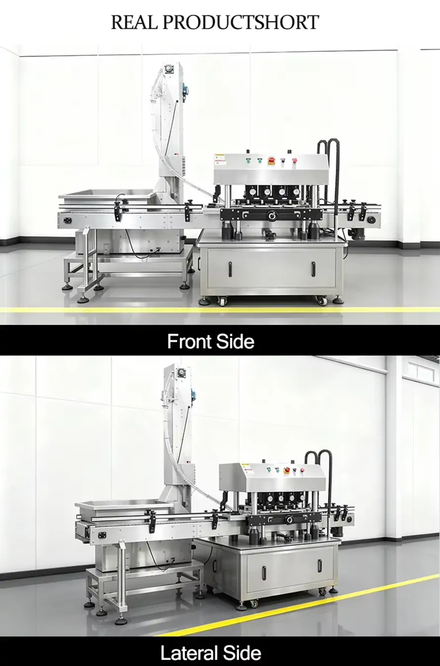 Front and lateral side view of high-speed automatic capping machine, showcasing the compact industrial design and integrated conveyor system.
