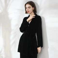 Mid Length Black Velvet Coat with Waistband