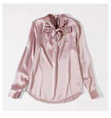 Long Sleeve Silk Blouse in Light Pink & White