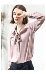 Long Sleeve Silk Blouse in Light Pink & White