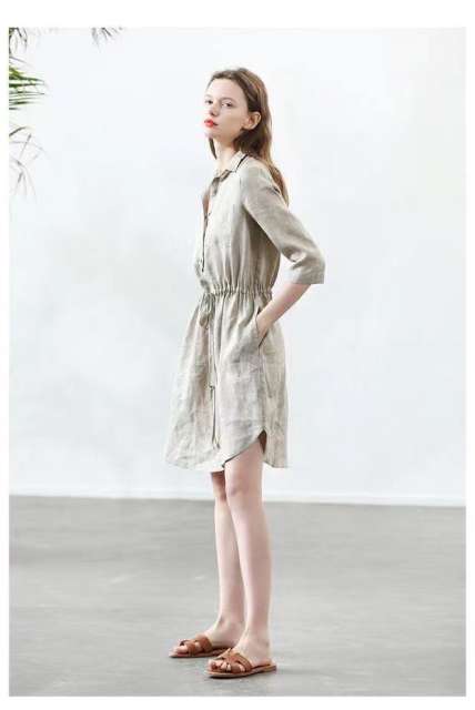 Casual Elastic Waist Linen Dress in Khaki